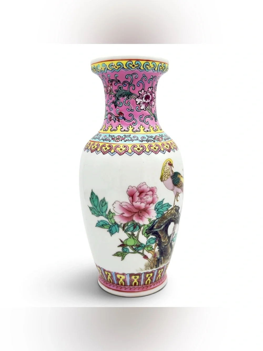 Vintage Chinese Porcelain Poem Vase Jingdezhen Famille Rose Peacock & Peony